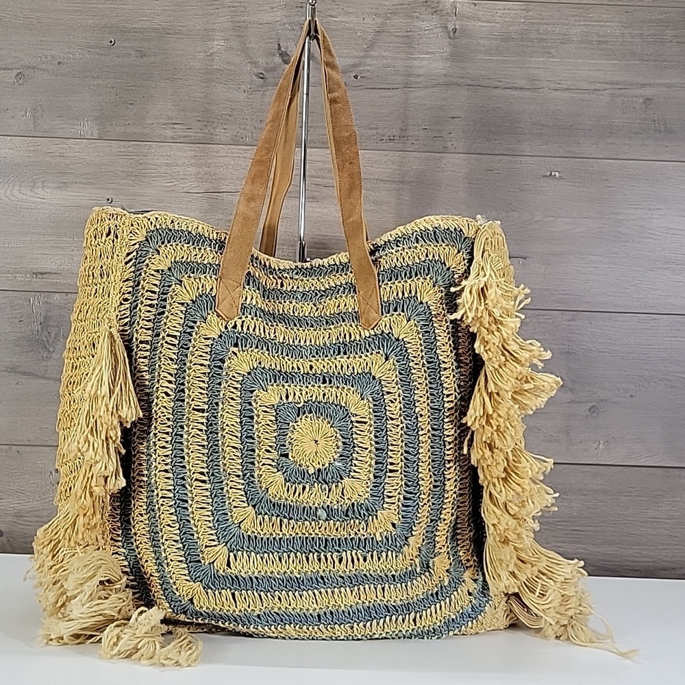 Large Ruggine Jute Woven Fringe Tote Bag w/Leather Handles